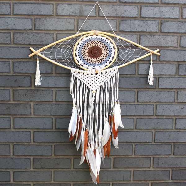 Duży Ochronny Dreamcatcher - Makrama - Evil Eye - Brązowy