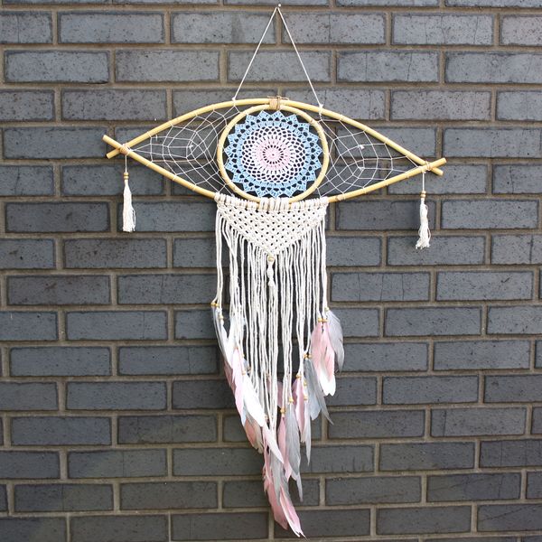Duży Ochronny Dreamcatcher - Makrama - Evil Eye - Różowy