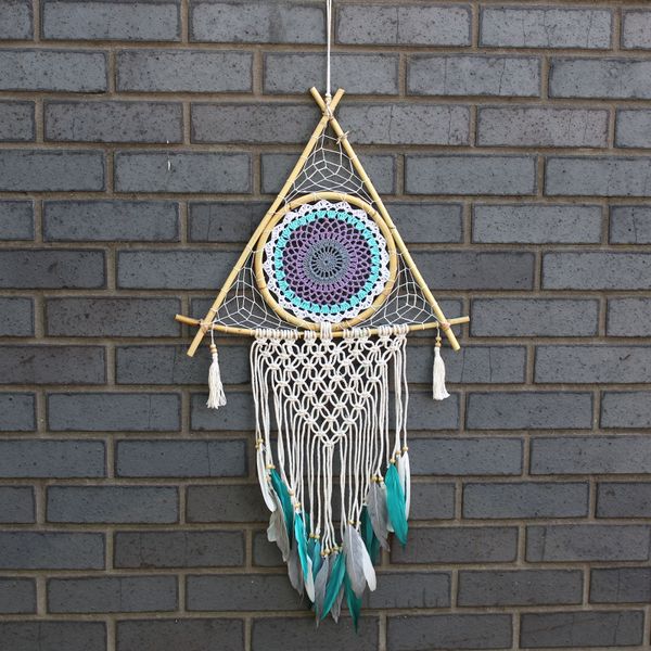 Duży Ochronny Dreamcatcher - Makrama Piramida - Turkusowy