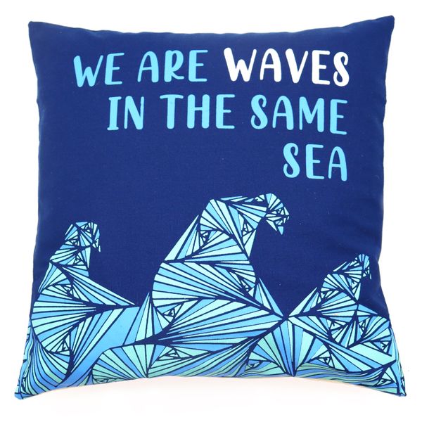 Poszewka Bawełniana z Nadrukiem - We are Waves - Szara, Niebieska, Naturalna