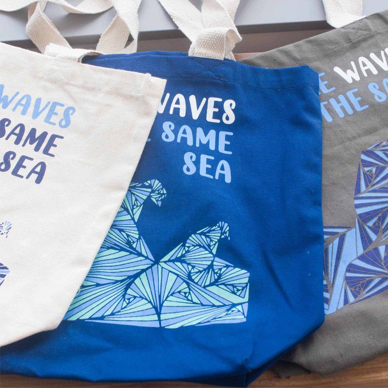 Torba Bawełniana z Nadrukiem - We are Waves - Szary, Niebieski i Naturalny