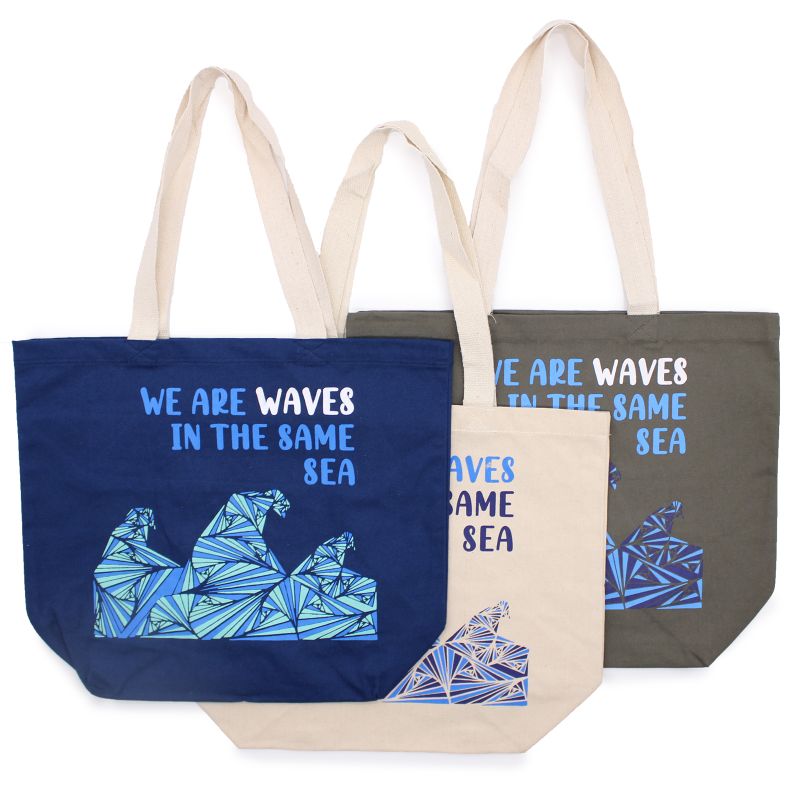 Torba Bawełniana z Nadrukiem - We are Waves - Szary, Niebieski i Naturalny
