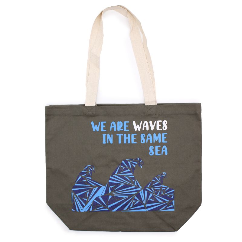 Torba Bawełniana z Nadrukiem - We are Waves - Szary, Niebieski i Naturalny
