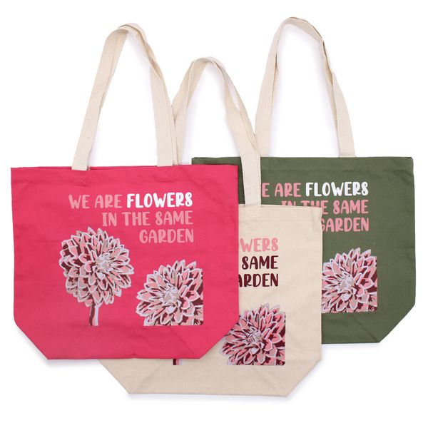 Torba Bawełniana z Nadrukiem - We are Flowers - Oliwkowy, Różowy i Naturalny
