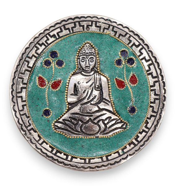 Podstawka z Polerowanego Aluminium 10cm - Budda Zielony Dekor