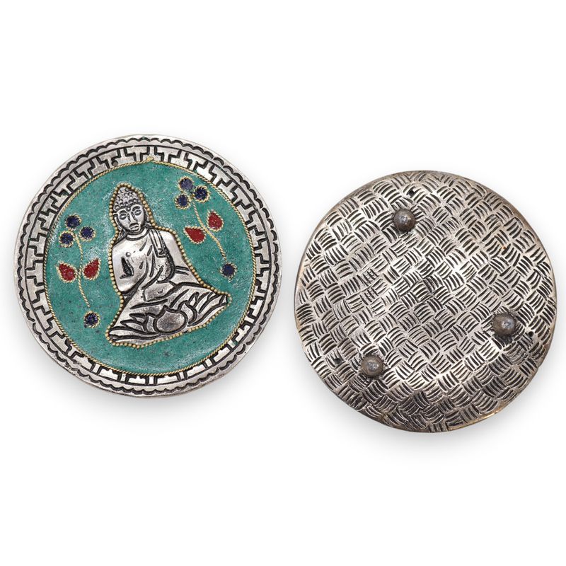 Podstawka z Polerowanego Aluminium 10cm - Budda Zielony Dekor