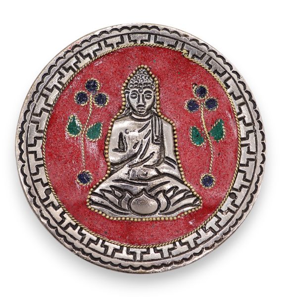 Podstawka z Polerowanego Aluminium 10cm - Budda Czerwony Dekor
