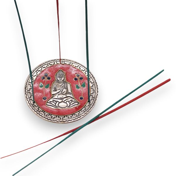 Podstawka z Polerowanego Aluminium 10cm - Budda Czerwony Dekor