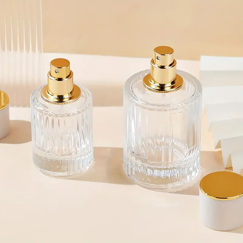 Okrągła Butelka Prążkowana 50 ml + Spray + Biała Zatyczka