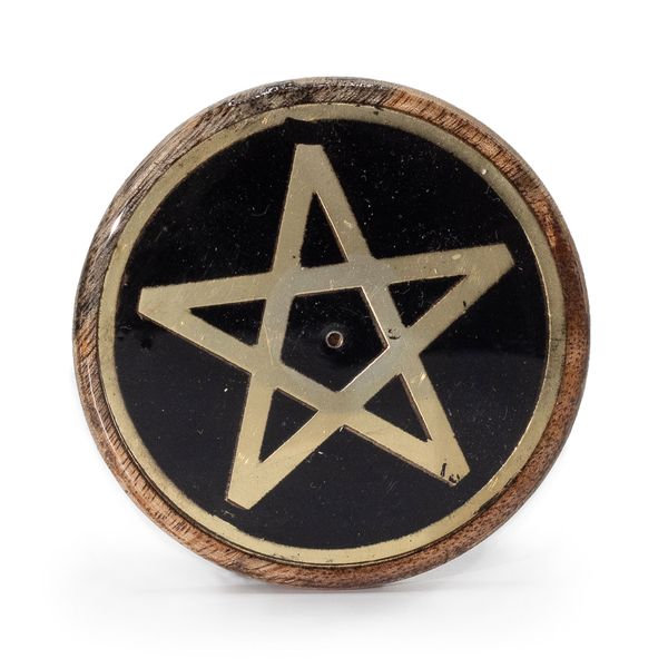 Okrągła Podstawka z Drewna Mango i Złoto-Czarnego Metalu - Pentagram