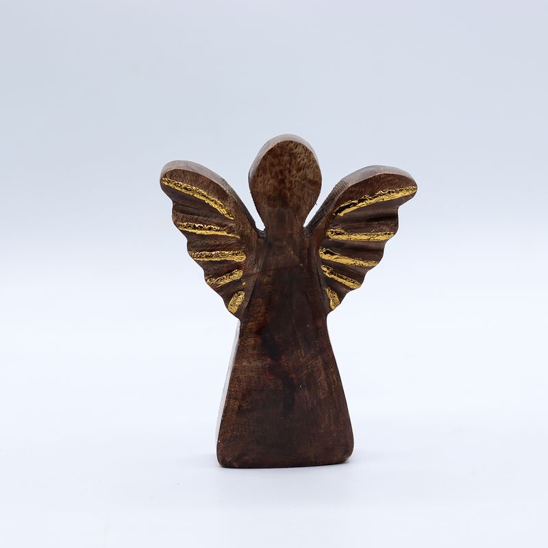Mały Anioł z Drewna Mango - Złoty Dekor - 12 cm
