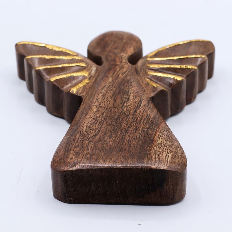 Duży Anioł z Drewna Mango - Złoty Dekor - 19 cm