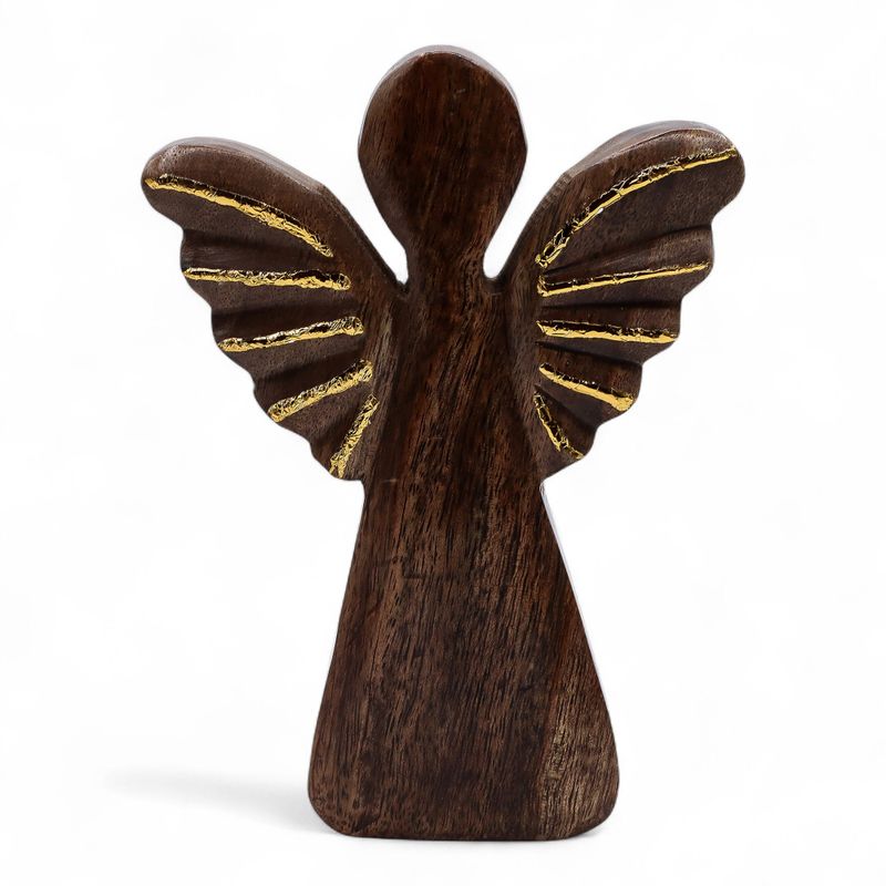 Duży Anioł z Drewna Mango - Złoty Dekor - 19 cm