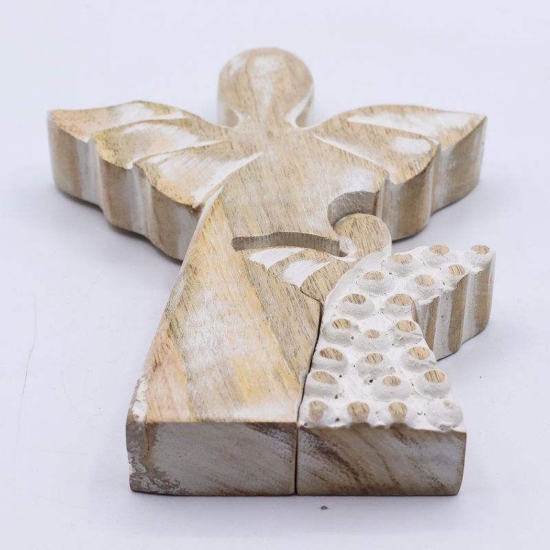 Anioł z Drewna Mango z Małym Aniołem - Whitewash - 15 cm