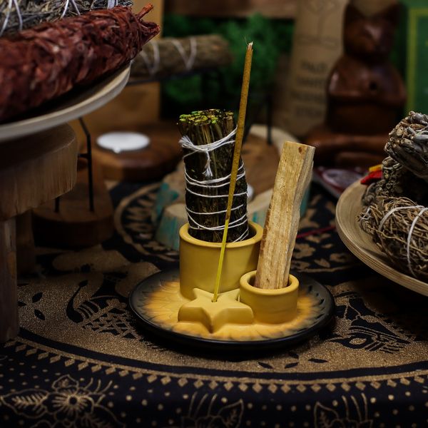 Podstawka na Palo Santo i Pęczek - Mandala - Żółto-szara
