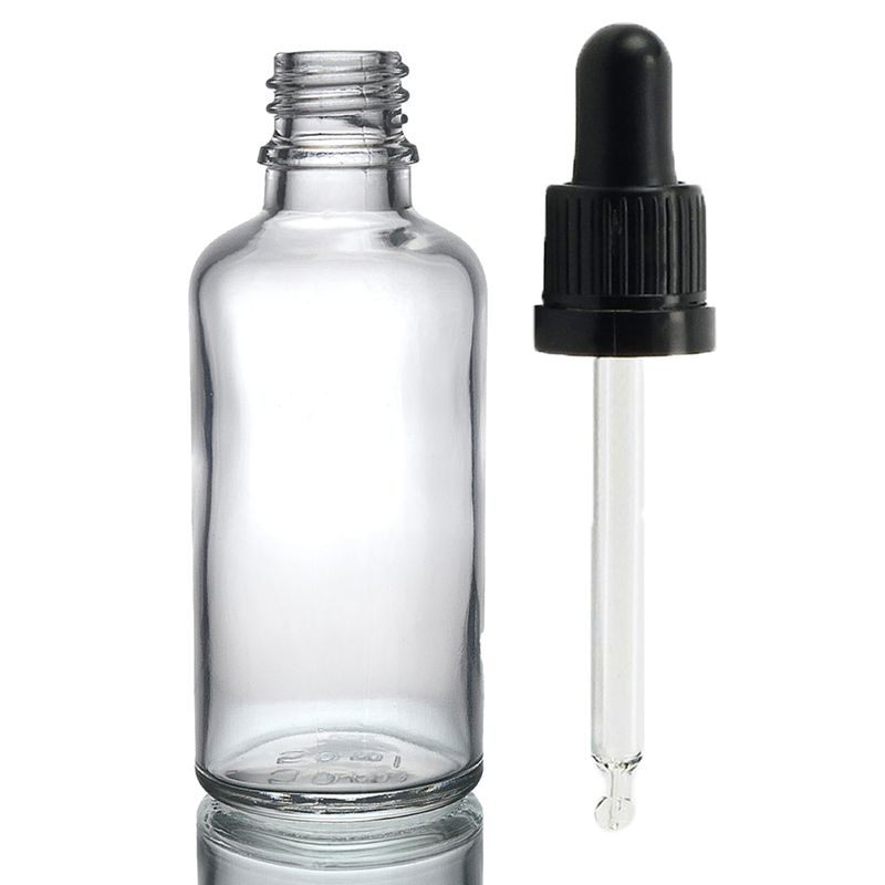50 ml Butelka z Przezroczystego Szkła z Czarną Zakrętką z Pipetą