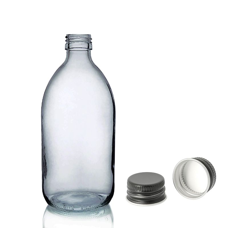 250 ml Butelka Lekarska z Szarego Dymionego Szkła z Czarną Aluminiową Zakrętką