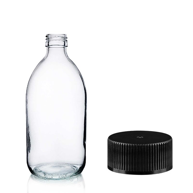 150 ml Butelka Lekarska z Przezroczystego Szkła z Czarną Plastikową Zakrętką
