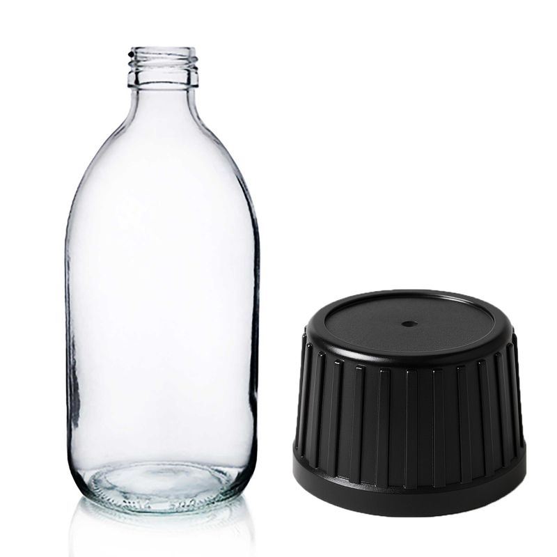 500 ml Butelka Lekarska z Przezroczystego Szkła z Czarną Zakrętką z Nasadką