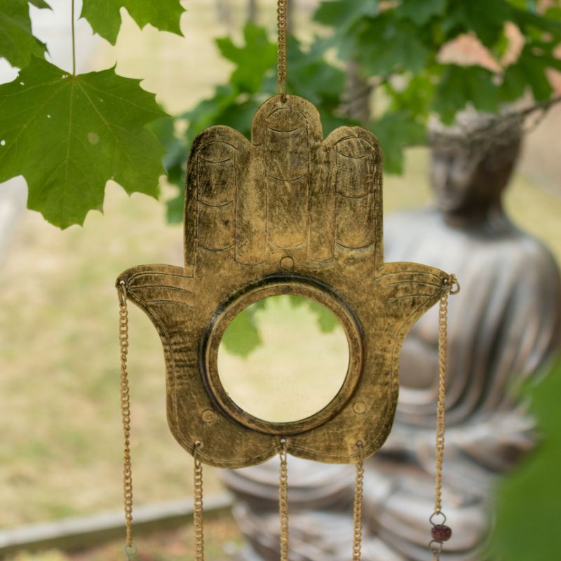 Indyjskie dzwonki - Hamsa duże lustro, 5 dzwonków - 19x65 cm