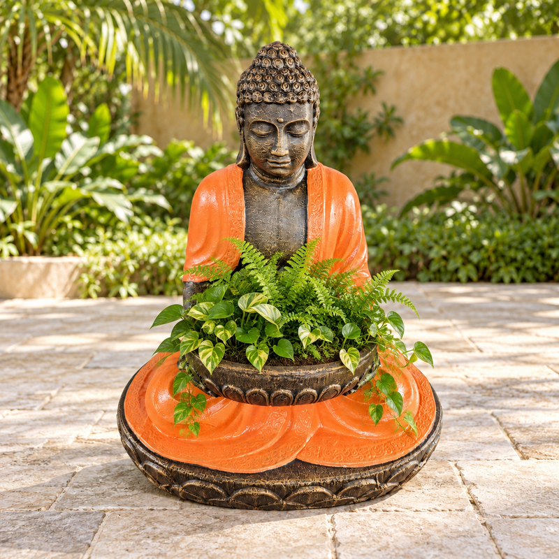 Duży Siedzący Budda z Miską z Terakoty i Kamienia 80 cm
