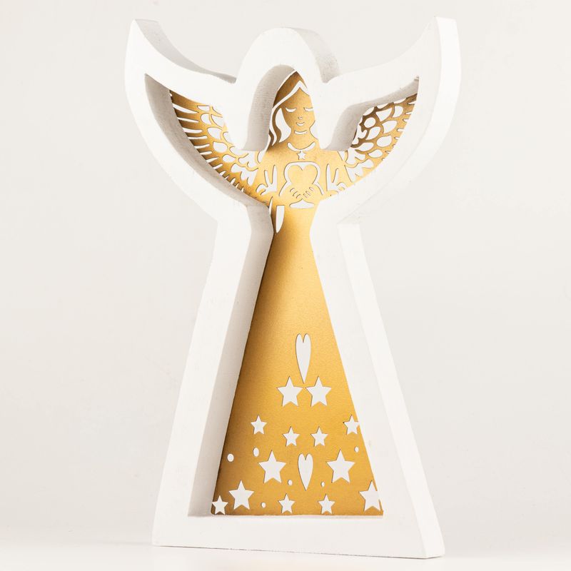 Anioł z Drewna Mango - Bielony z Żelaznym Ażurowym Zdobieniem - 39 cm