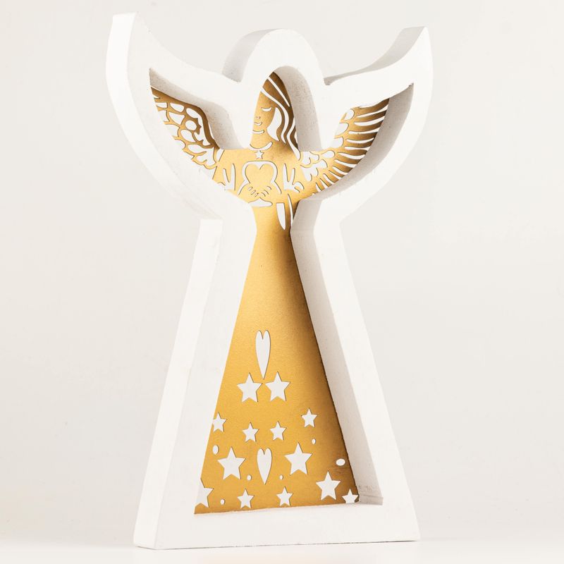 Anioł z Drewna Mango - Bielony z Żelaznym Ażurowym Zdobieniem - 39 cm