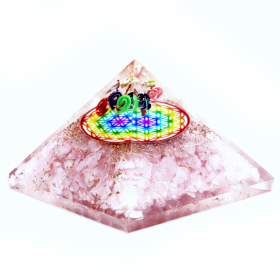 Piramida Orgonit 70mm - Kwarc Różany & Tęczowy Kwiat Życia