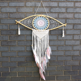 Duży Ochronny Dreamcatcher - Makrama - Evil Eye - Różowy