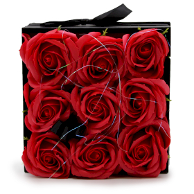 Kwiaty Mydlane Box - 9 Czerwonych Róż - Kwadratowy