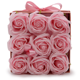 Kwiaty Mydlane Box - 9 Różowych Róż - Kwadratowy