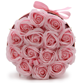 Kwiaty Mydlane Box - 14 Różowych Róż - Okrągły