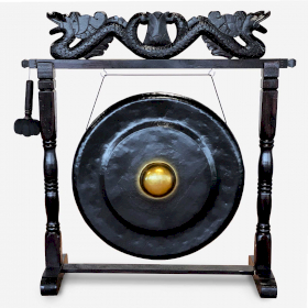Duży Gong w Brązowym Antycznym Stojaku - 80 cm - Czarny