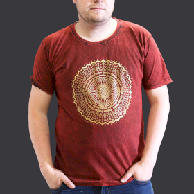 Czerwony T-Shirt z Efektem Sprania - Mandala - XL