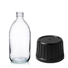 42x 150 ml Butelka Lekarska z Przezroczystego Szkła z Czarną Zakrętką z Nasadką