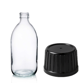 36x 200 ml Butelka Lekarska z Przezroczystego Szkła z Czarną Zakrętką z Nasadką