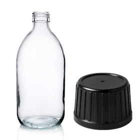 30x 500 ml Butelka Lekarska z Przezroczystego Szkła z Czarną Zakrętką z Nasadką