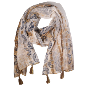 Letni Szal Nomad Sari - 180x50 cm - Marbella - Kawowy ze Złotym Obszyciem