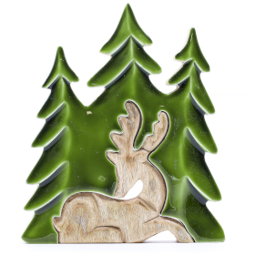2x Drewniany Leżący Jeleń w Lesie 3D - 23x20 cm