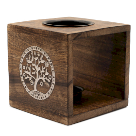 Duży Kwadratowy Kominek z Drewna Mango - Drzewo Życia