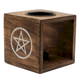 Duży Kwadratowy Kominek z Drewna Mango - Pentagram