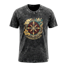 Ciemnoszary T-Shirt z Efektem Sprania - Kompas Życia - S