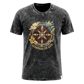 Ciemnoszary T-Shirt z Efektem Sprania - Kompas Życia - L