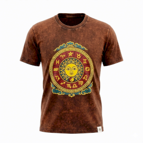 Brązowy T-Shirt z Efektem Sprania - Słońce i Zodiak - S
