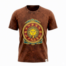 Brązowy T-Shirt z Efektem Sprania - Słońce i Zodiak - M