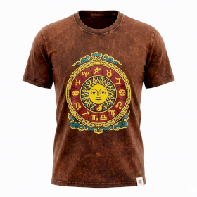 Brązowy T-Shirt z Efektem Sprania - Słońce i Zodiak - L