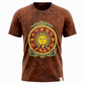 Brązowy T-Shirt z Efektem Sprania - Słońce i Zodiak - XL